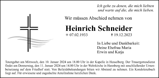 Anzeige von Heinrich Schneider von MGO