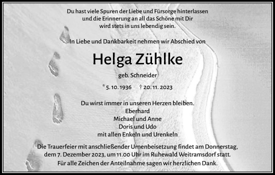 Anzeige von Helga Zühlke von MGO