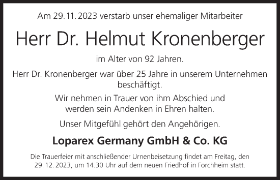 Anzeige von Helmut Kronenberger von MGO