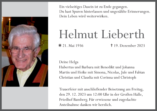 Anzeige von Helmut Lieberth von MGO
