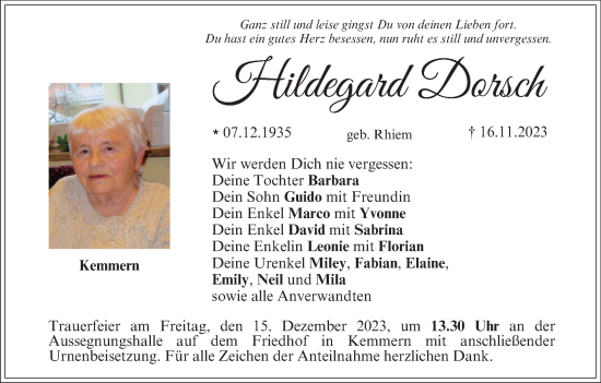 Anzeige von Hildegard Dorsch von MGO