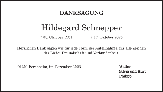 Anzeige von Hildegard Schnepper von MGO
