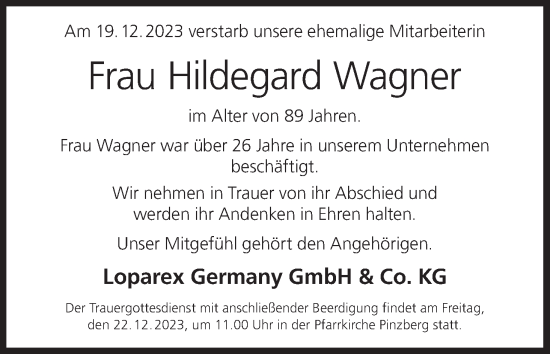 Anzeige von Hildegard Wagner von MGO