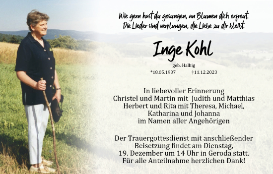 Anzeige von Inge Kohl von MGO