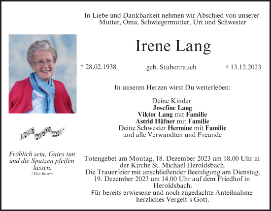 Anzeige von Irene Lang von MGO