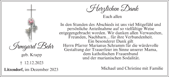 Anzeige von Irmgard Behr von MGO