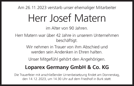 Anzeige von Josef Matern von MGO