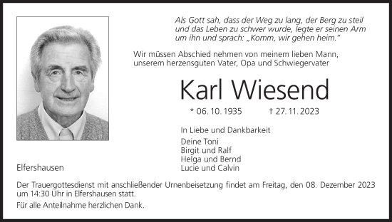 Anzeige von Karl Wiesend von MGO