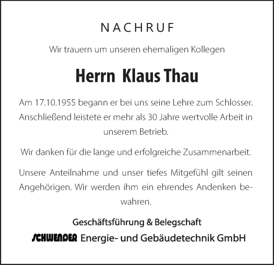 Anzeige von Klaus Thau von MGO