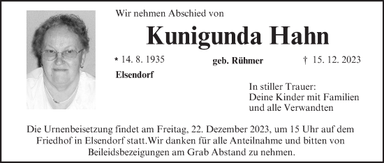 Anzeige von Kunigunda Hahn von MGO