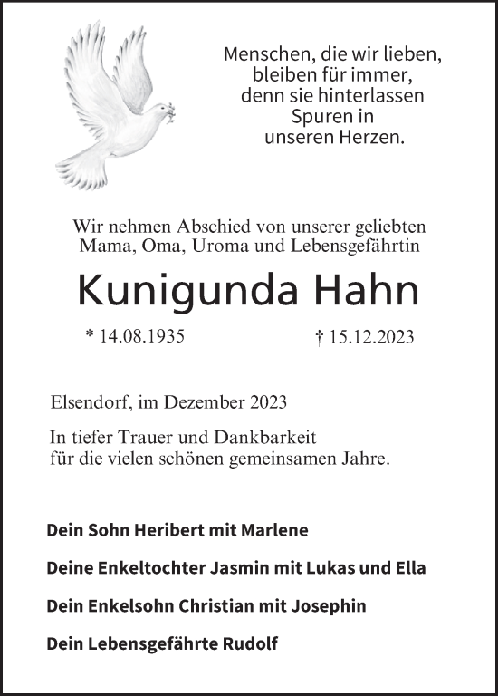 Anzeige von Kunigunda Hahn von MGO