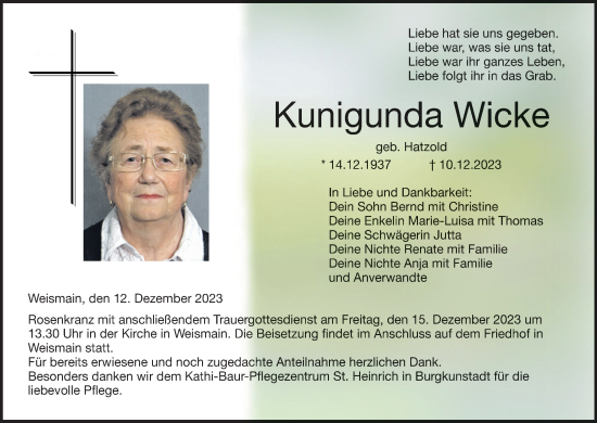 Anzeige von Kunigunda Wicke von MGO