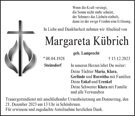 Anzeige von Margareta Kübrich von MGO