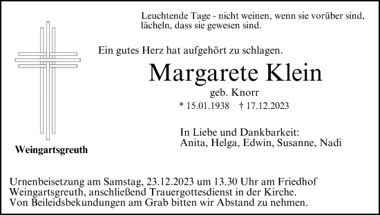 Anzeige von Margarete Klein von MGO