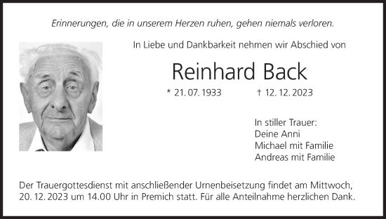 Anzeige von Reinhard Back von MGO