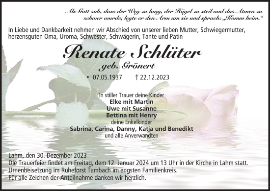 Anzeige von Renate Schlüter von MGO
