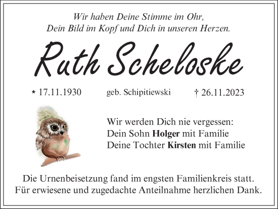 Anzeige von Ruth Scheloske von MGO