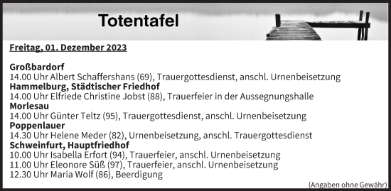 Anzeige von Totentafel vom 01.12.2023 von MGO