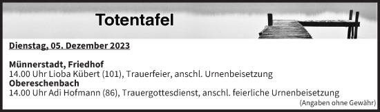 Anzeige von Totentafel vom 05.12.2023 von MGO