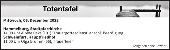 Anzeige von Totentafel vom 06.12.2023 von MGO