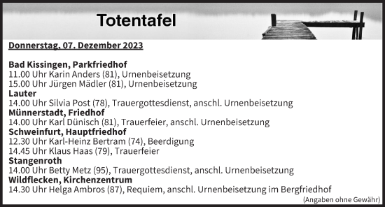 Anzeige von Totentafel vom 07.12.2023 von MGO