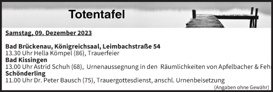 Anzeige von Totentafel vom 09.12.2023 von MGO