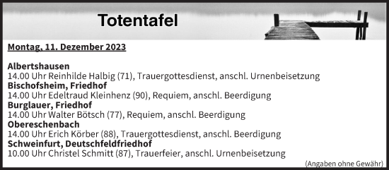 Anzeige von Totentafel vom 11.12.2023 von MGO