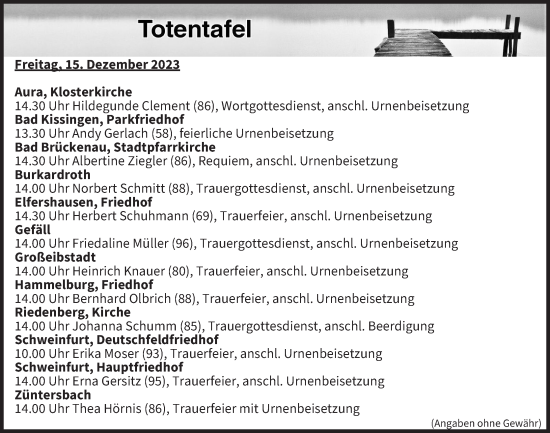 Anzeige von Totentafel vom 15.12.2023 von MGO