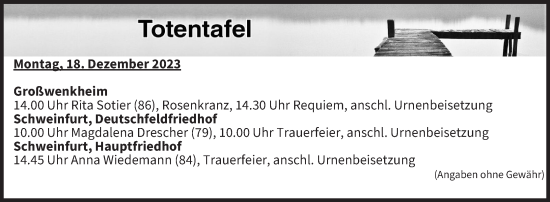 Anzeige von Totentafel vom 18.12.2023 von MGO