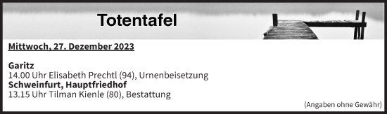 Anzeige von Totentafel vom 27.12.2023 von MGO