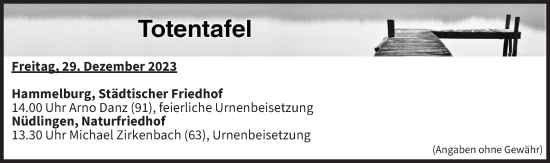 Anzeige von Totentafel vom 29.12.2023 von MGO