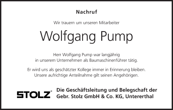 Anzeige von Wolfgang Pump von MGO