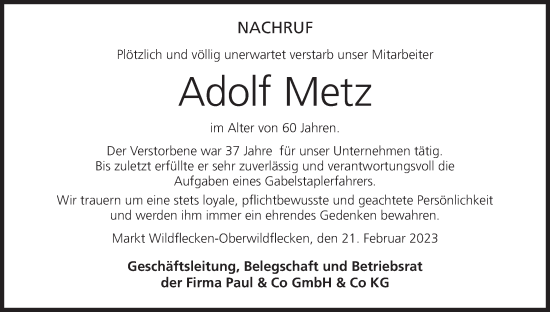 Anzeige von Adolf Metz von MGO