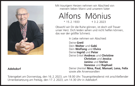 Anzeige von Alfons Mönius von MGO