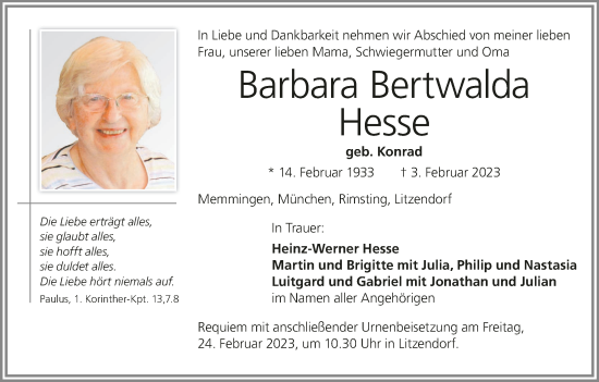 Anzeige von Barbara Bertwalda Hesse von MGO