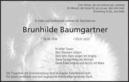 Anzeige von Brunhilde Baumgartner von MGO