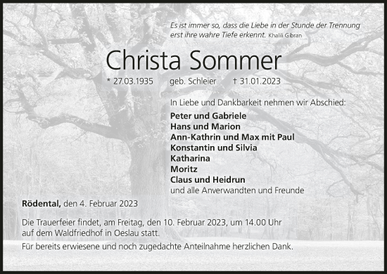 Anzeige von Christa Sommer von MGO