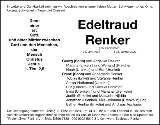 Anzeige von Edeltraud Renker von MGO
