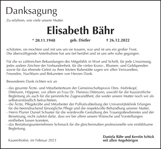 Anzeige von Elisabeth Bähr von MGO