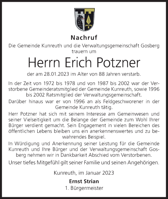 Anzeige von Erich Potzner von MGO