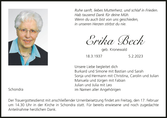 Anzeige von Erika Beck von MGO