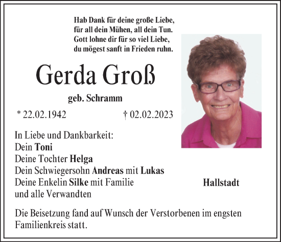 Anzeige von Gerda Groß von MGO