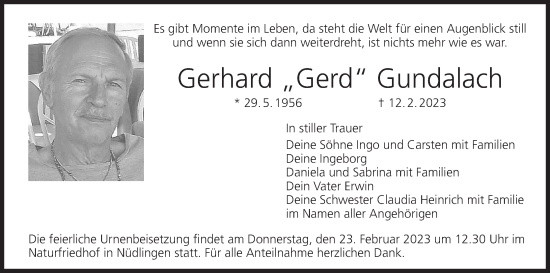 Anzeige von Gerhard Gundalach von MGO