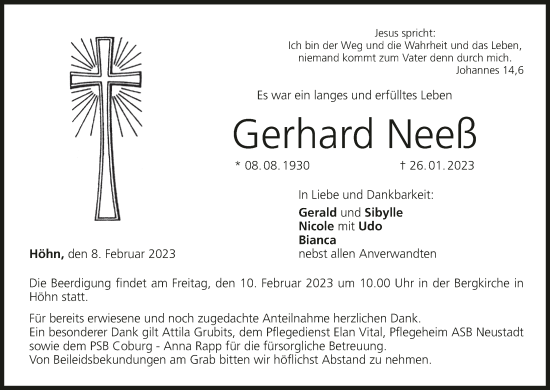 Anzeige von Gerhard Neeß von MGO