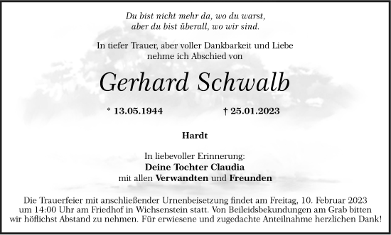 Anzeige von Gerhard Schwalb von MGO