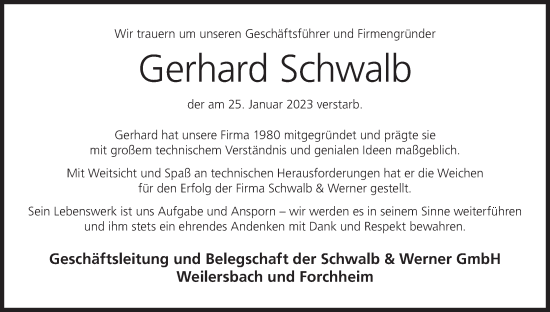 Anzeige von Gerhard Schwalb von MGO
