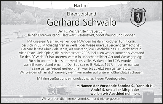 Anzeige von Gerhard Schwalb von MGO