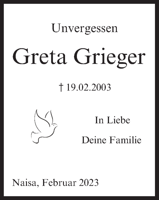 Anzeige von Greta Grieger von MGO
