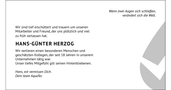 Anzeige von Hans-Günter Herzog von MGO