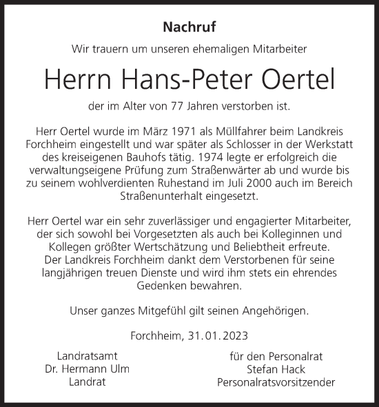 Anzeige von Hans-Peter Oertel von MGO